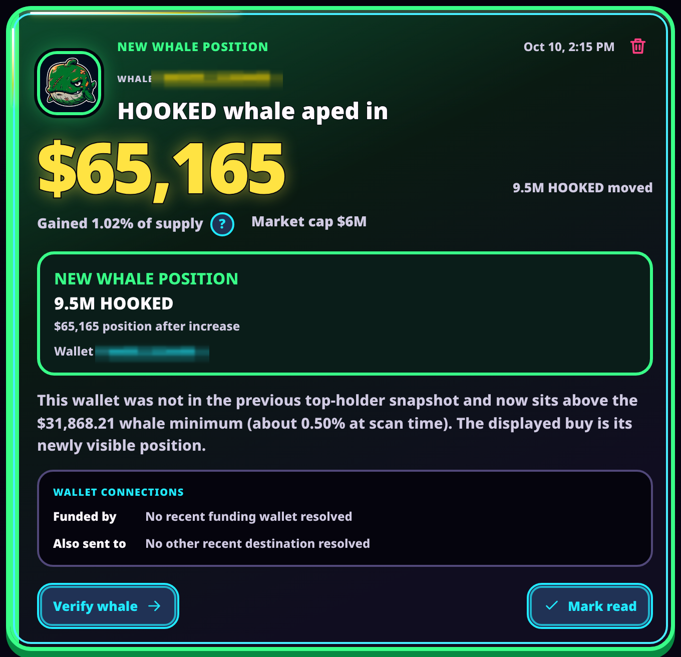 Green buy alert card: a whale aped into HOOKED, $65,165